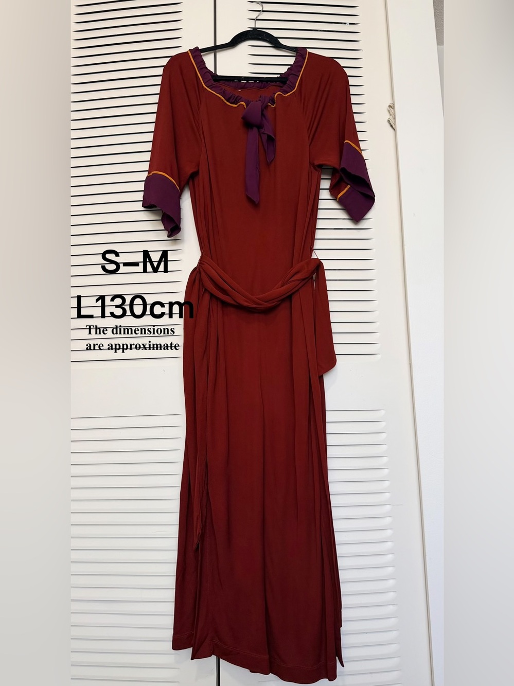 Zara limited edition Women's Rust Red Belted Maxi Dress with Purple Trim